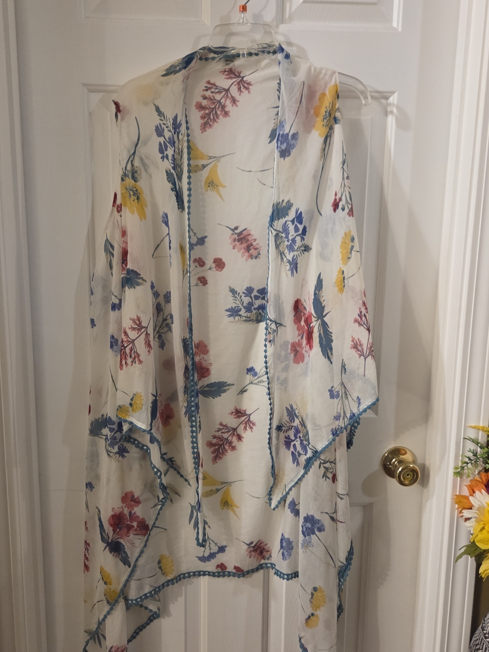 Floral Sheer Kimono Cover-Up in White with Multi-Color Print